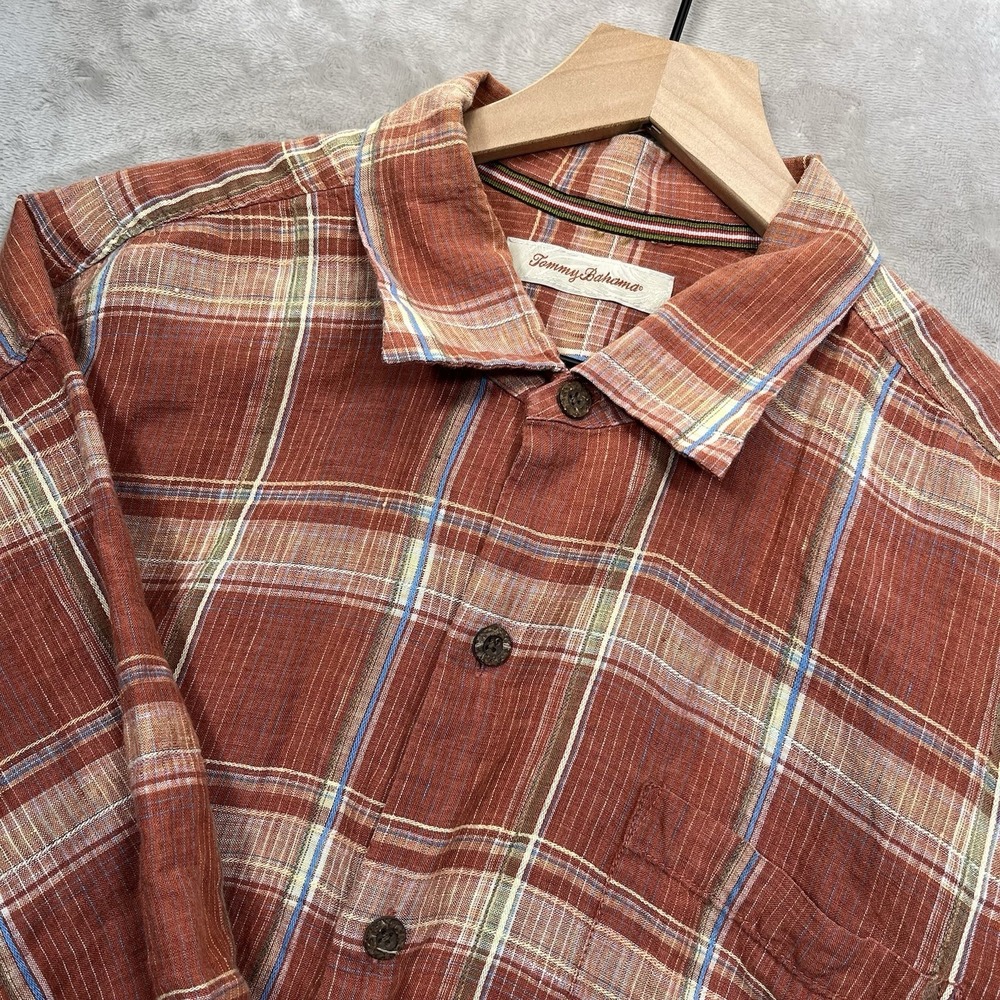 Tommy Bahama Short Sleeve Button Shirt Men's XL Orange Plaid 100% Linen Collared